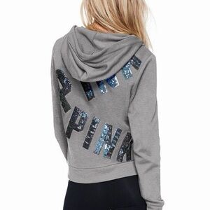 PINK Victoria’s Secret Gray Bling Sequin Zip Up Hoodie Jacket Size Large